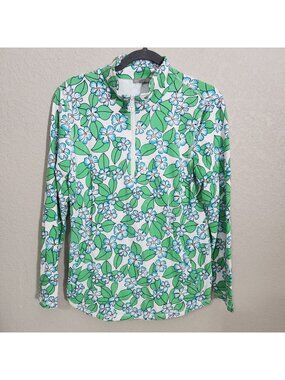 T By Talbots Floral Half-Zip Pullover Top S Green & White Long Sleeve UPF 50+